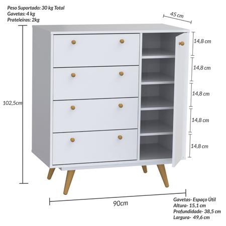 Imagem de Comoda Sapateira Retro 30 1 Porta 4 Gavetas Branco - Olivar Móveis