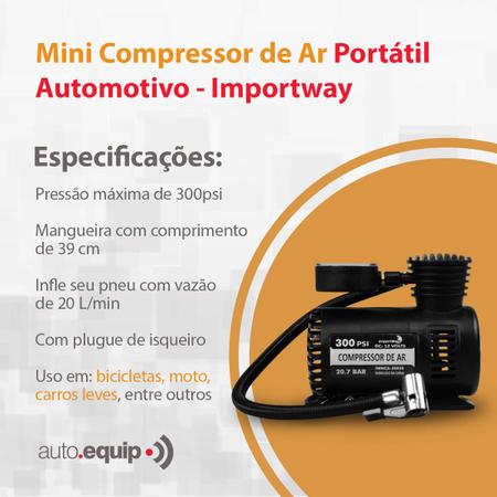 Imagem de Compressor De Ar Mini Portátil 12v Elétrico Potente 300psi 20L Importway