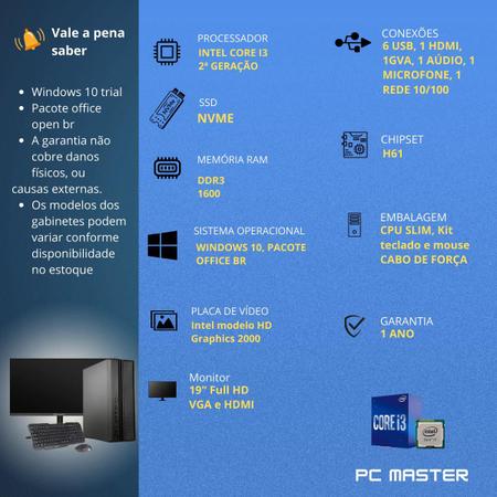 Imagem de Computador Completo Slim Core i3 8gb 1tb ssd nvme kit teclado e mouse  Monitor de 19 - PC Master
