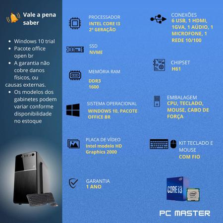 Imagem de Computador Core i3 4GB SSD 256GB nvme Kit teclado e mouse - PC Master