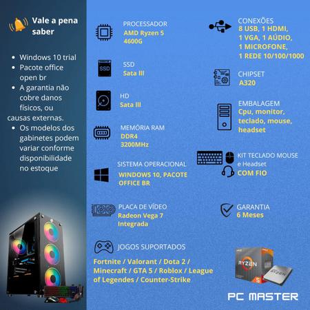 Imagem de Computador Cpu PC Gamer  AMD Ryzen 5 4600g Vega 7 32gb dd4 512gb ssd HD 500GB sata Kit teclado mouse headset - PC Master