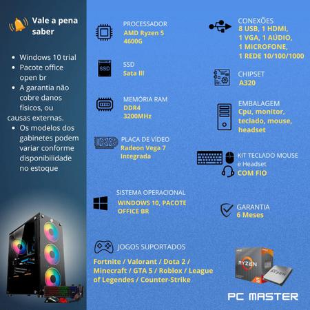 Imagem de Computador Cpu PC Gamer  AMD Ryzen 5 4600g Vega 7 8gb ddr4 1tb ssd sata Kit teclado mouse headset - PC Master