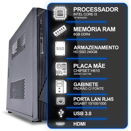 Imagem de Computador Desktop, Intel Core I3 12º Geração, 8GB RAM, HD SSD 240GB, Conexões USB/VGA/HDMI/LAN/SOM