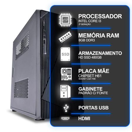 Imagem de Computador Desktop, Intel Core I3 2º Geração, 8GB RAM, HD SSD 480GB, Conexões USB/VGA/HDMI/LAN/SOM
