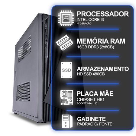 Imagem de Computador Desktop, Intel Core I3 4º Geração, 16GB RAM, HD SSD 480GB, Conexões USB/VGA/HDMI/LAN/SOM