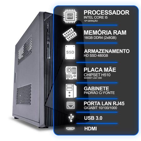 Imagem de Computador Desktop, Intel Core I5 10º Geração, 16GB RAM, HD SSD 480GB, Conexões USB/VGA/HDMI/LAN/SOM