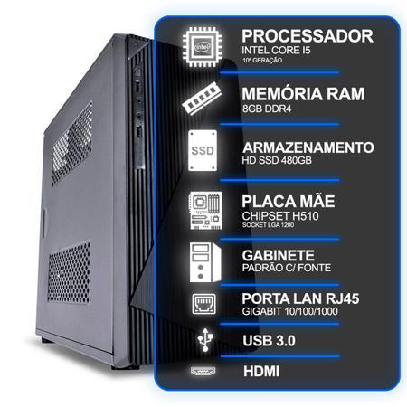 Imagem de Computador Desktop, Intel Core I5 10º Geração, 8GB RAM, HD SSD 480GB, Conexões USB/VGA/HDMI/LAN/SOM