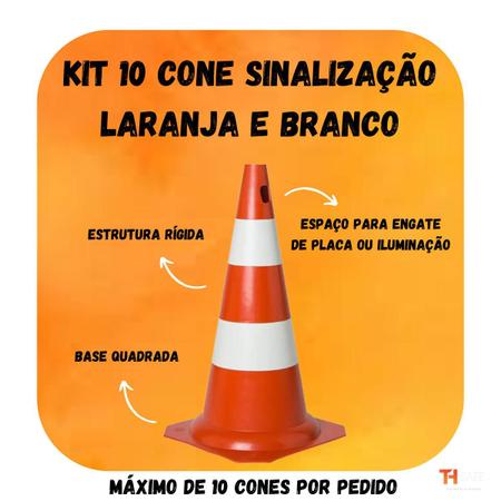 Imagem de Cone de Sinalização 50cm Laranja e Branco com Encaixe para Placa Trânsito Estacionamento Rígido Resistente Kit 10 Unidades