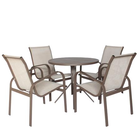 Imagem de Conjunto 1 Mesa + 4 Cadeiras Para Área Externa, Gourmet, Jardim e Churrasqueira - Cor Marrom e Tela Café com Leite