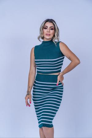 Imagem de Conjunto 2Peças Cropped + Saia Midi Tricot Listrado Verão Tendência Trico