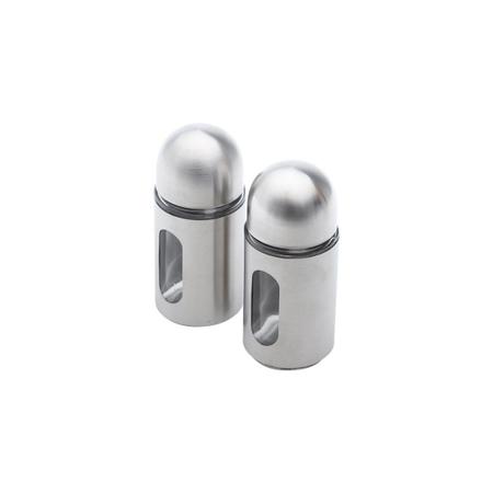 Imagem de Conjunto 3 peças saleiro e pimenteiro de aço inox e vidro com suporte Round Bon Gourmet - 25797