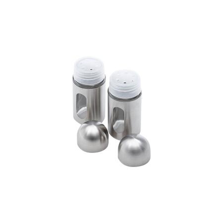 Imagem de Conjunto 3 peças saleiro e pimenteiro de aço inox e vidro com suporte Round Bon Gourmet - 25797