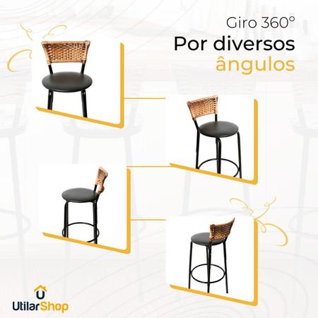 Imagem de Conjunto 5 Banqueta Alta Estrutura Preta Encosto Junco Cappuccino 70cm Itagold