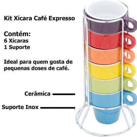 Jogo 6 Xícaras Café Chá Cappuccino Kit Cerâmica Suporte Inox