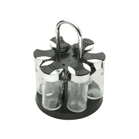 Imagem de Conjunto 7 peças porta temperos de vidro com tampa de plástico e base giratória preta Luigi Bon Gourmet - 26889