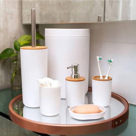 Imagem de Conjunto Banheiro Bambu 6 Peças Branco Plasvale Lixeira 6,5l Escova Sanitária Acessórios Lavabo