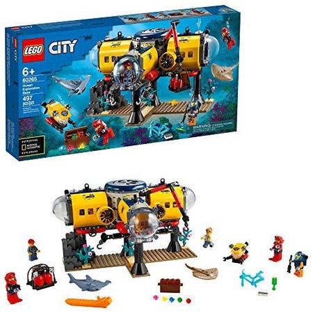 Imagem de Conjunto base LEGO City Ocean Exploration 60265, com submarino, drone subaquático, mergulhador, subpiloto, cientista e 2 minifiguras de mergulhador, além de bonecos de arraia e tubarão-martelo (497 peças)