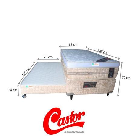 Imagem de Conjunto Bicama Box Solteiro + Colchão Castor Molas Premium Tecnopedic 88x188x70  (Linha Alta - Cama 2x1 Estrutura Resistente Madeira Eucalipto)