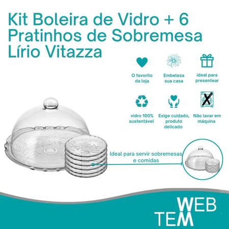 Imagem de Conjunto Boleira com Tampa Prato 32cm para Bolo e 6 Pratinhos de Sobremesa de Vidro Lírio Vitazza Decoração e Mesa Posta Elegante e Sustentável