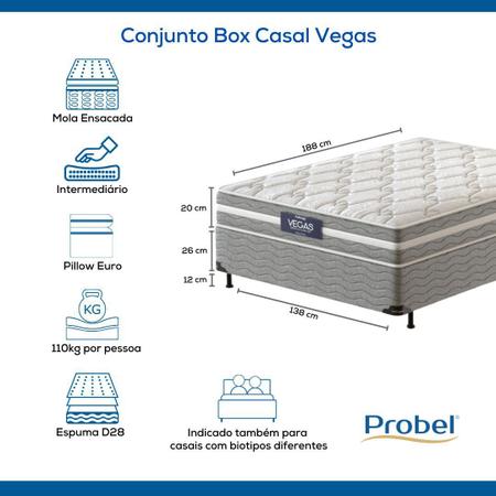 Imagem de Conjunto Box Mola Ensacada Prodormir Vegas Springs Comfort Casal (138x188x46cm)