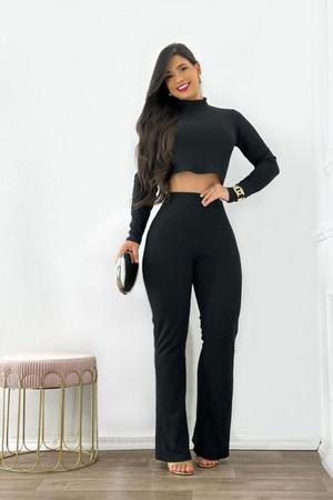 Imagem de Conjunto Calça Flare Feminina com Cropped Manga Longa Preto