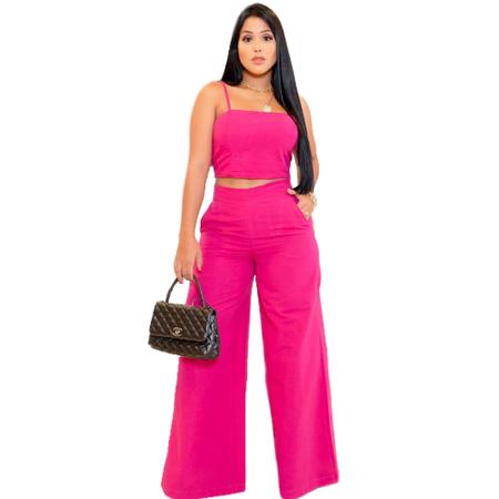 Conjunto Calça Pantalona E Cropped De Linho Wide Leg