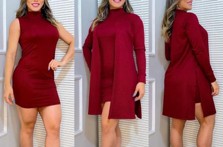 Vestido canelado com cardigan 2025