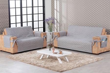 Imagem de Conjunto capa de sofá face única 2 e 3 lugares com porta objetos e laço cinza