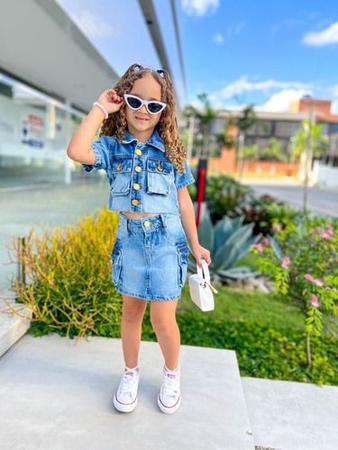 Conjunto Cargo Jeans Saia Moda Infantil Blogueira Mini Diva