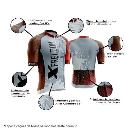 Conjunto Ciclismo Camisa e Bermuda + Par de Luvas + Óculos Esportivo + Par de Manguitos + Bandana - XFreedom Imagem de Conjunto Ciclismo Camisa e Bermuda + Par de Luvas + Óculos Esportivo + Par de Manguitos + Bandana