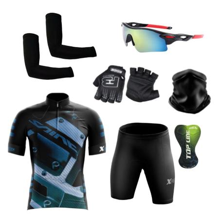 Conjunto Ciclismo Camisa e Bermuda + Par de Luvas + Óculos Esportivo + Par de Manguitos + Bandana - XFreedom Imagem de Conjunto Ciclismo Camisa e Bermuda + Par de Luvas + Óculos Esportivo + Par de Manguitos + Bandana