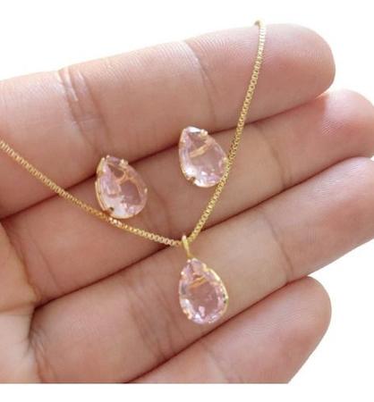 Imagem de Conjunto Colar E Brinco Gota Rosa Pedra Zirconia Folheado