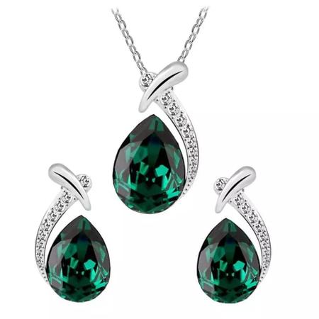 Conjunto Colar E Brincos Formato De Gota Cor Prata C/Verde - Amor Lindo Imagem de Conjunto Colar E Brincos Formato De Gota Cor Prata C/Verde