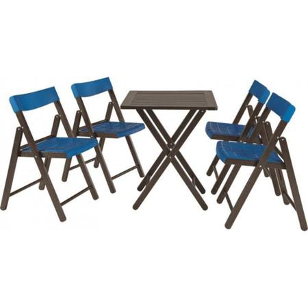 Imagem de Conjunto com 1 mesa e 4 cadeiras de madeira tabaco e plástico azul - POTENZA - Tramontina