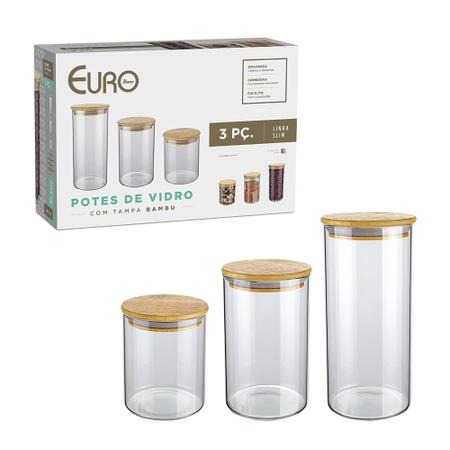 Imagem de Conjunto com 3 Potes de Vidro transparente Slim com tampa Bambu, VDR6804-3, Euro Home