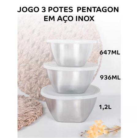 Imagem de Conjunto com 3 Potes Tigela Em Inox Resistente C/tampa Capacidade 1269, 936, 647ml