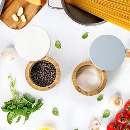 Imagem de Conjunto de 2  Caixa de sal e especiarias de bambu com tampa magnética de duas cores  Adega de sal de madeira, para armazenamento de cozinha e escritório