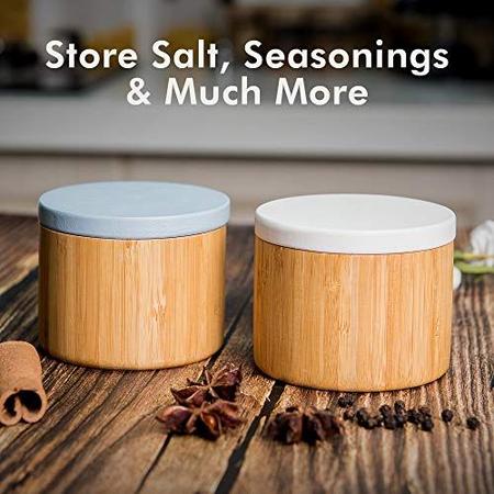 Imagem de Conjunto de 2  Caixa de sal e especiarias de bambu com tampa magnética de duas cores  Adega de sal de madeira, para armazenamento de cozinha e escritório