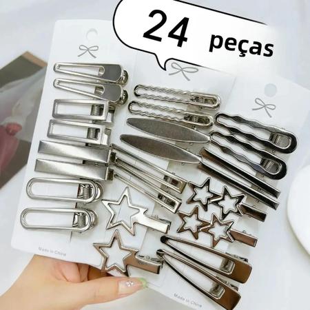 Imagem de Conjunto de 24 Grampos de Cabelo Y2K Prateados - Com Clipe de Estrela e Vários Estilos