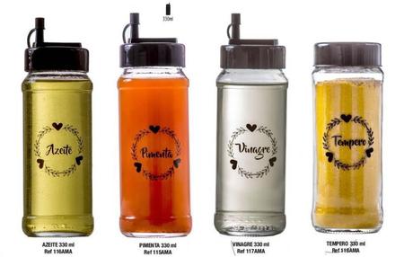 Conjunto de 4 Potes Vidro 330ml (Pimenta/Azeite/Vinagre/Tempero) - Amare - Vetrolar Imagem de Conjunto de 4 Potes Vidro 330ml (Pimenta/Azeite/Vinagre/Tempero) - Amare