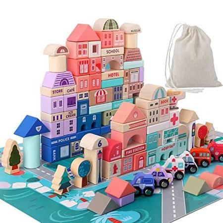 Imagem de Conjunto de blocos de construção de madeira, empilhador de construção da cidade empilhando brinquedos educativos de aprendizagem pré-escolar, brinquedos infantis para presentes de meninos e meninas de 3 anos de idade .
