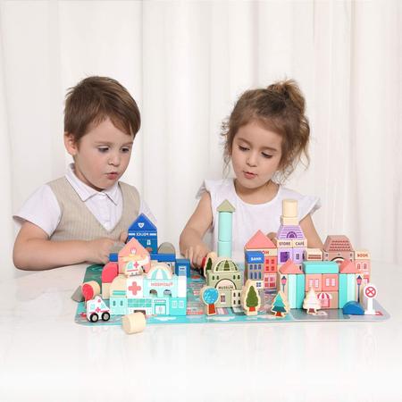 Imagem de Conjunto de blocos de construção de madeira, empilhador de construção da cidade empilhando brinquedos educativos de aprendizagem pré-escolar, brinquedos infantis para presentes de meninos e meninas de 3 anos de idade .
