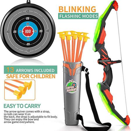 Imagem de Conjunto de brinquedos de arco e flecha Bow and Archer com LED, 13 ventosas