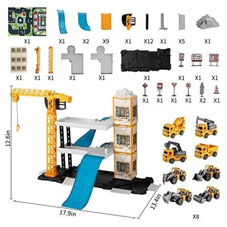 Imagem de Conjunto de brinquedos temi construção, 60PCS Crianças Caminhões de Engenharia Veículo c/ Trator, Escavador, Guindaste, Lixão, Escavadeira, Cimento, Rolo compressor, Mapa, Presente de Aniversário para 3 Crianças crianças de 3 4 5 anos