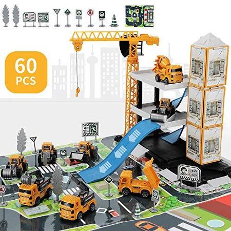 Imagem de Conjunto de brinquedos temi construção, 60PCS Crianças Caminhões de Engenharia Veículo c/ Trator, Escavador, Guindaste, Lixão, Escavadeira, Cimento, Rolo compressor, Mapa, Presente de Aniversário para 3 Crianças crianças de 3 4 5 anos