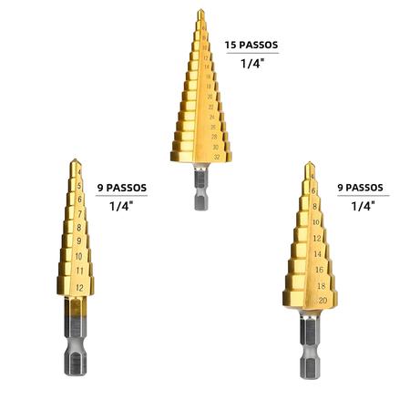 Imagem de Conjunto de Brocas Passo HSS Revestidas de Titânio (3-12mm, 4-12mm, 4-20mm) - Broca para Metal