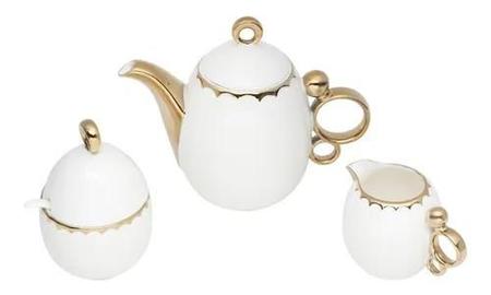 Jogo de Chá em Porcelana Egg Branco com Dourado - Bule Leiteira e
