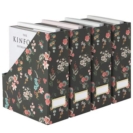 Imagem de Conjunto de caixas de arquivo de revistas com 4 caixas dobráveis de papelão preto floral