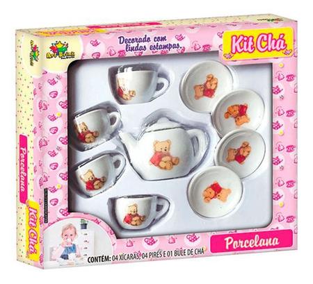 Jogo de Xícara + Bule Chá Ursinho Porcelana