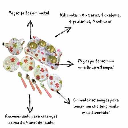 Imagem de Conjunto De Chá Infantil Xícaras em Metal Bule Utensilios Cozinha Brinquedo 